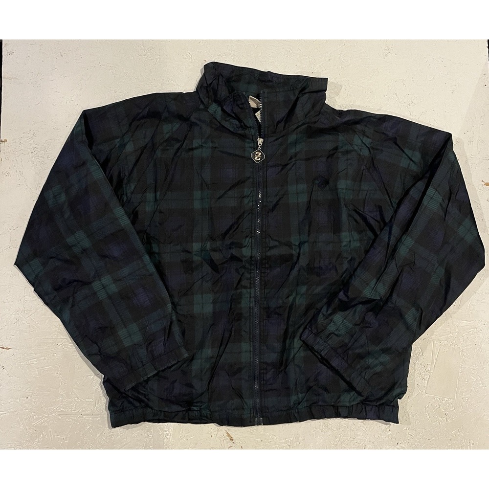 Vintage Jerzees Jacket Mens Large Green Blue Plaid Full Zip Windbreaker 90s‎